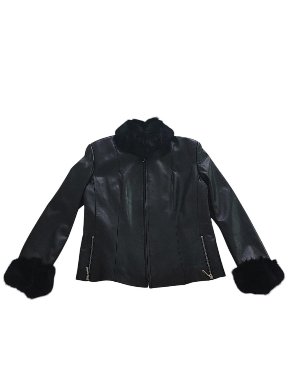 Rosleen Black Genuine Lambskin Leather With Mink Fur Collar And Cuffs